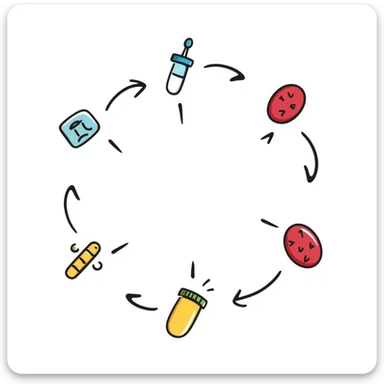 Anti-diabetic visualization with metabolic pathway: colorful flowchart showing blue insulin, green medication pills, yellow glucose molecules, and red blood cells. Hand-drawn educational diagram with arrows showing glucose regulation and insulin sensitivity improvement. sticker