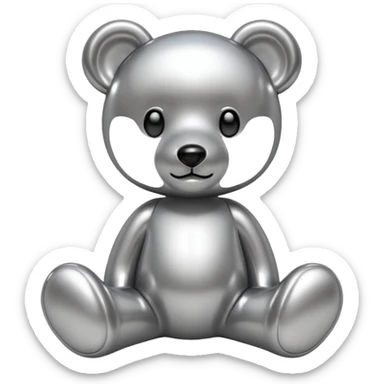 A cute teddy bear emoji made of liquid silver chrome, smooth rounded body, glossy metallic surface, soft reflections, friendly proportions, iOS emoji style, centered, clean white background sticker