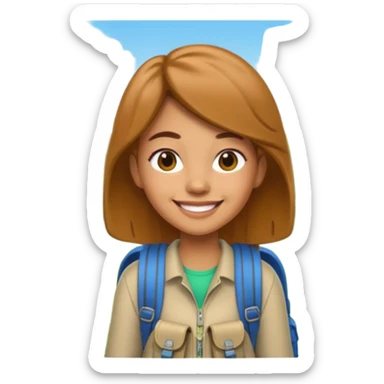 A 3D cartoon woman with a backpack smiling outdoors, surrounded by greenery, Memoji-style realism. sticker