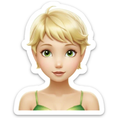 Cinematic Realistic Blonde Tinker Bell Fairy Portrait, depicted with lifelike, delicate skin glowing with a subtle radiant aura, soft natural lighting accentuating her gentle features, and intricately detailed golden blonde hair styled in a whimsical pixie cut. Her iridescent, translucent wings shimmer with delicate fairy dust, and her expressive, sparkling eyes reflect a world of magic. Adorned in a subtle blend of woodland greens and soft pastel accents, the portrait exudes an enchanting glow that seamlessly merges realism with fairy charm. sticker