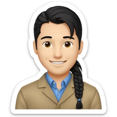 black long pony tail hair man with polite outfit smile warmly sticker