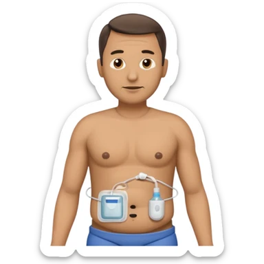 A man in his mid-40s with a stoma bag on his stomach. sticker