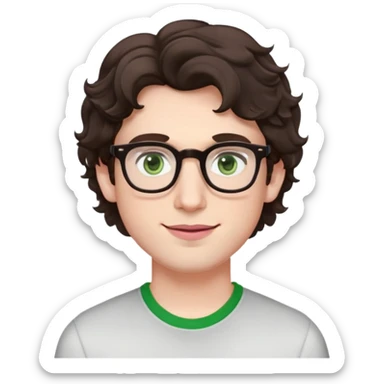 Young man with dark brown slightly wavy poofy hair (just a bit of curl, not too curly), green eyes wearing glasses, wide face with eyes set apart, bigger ears, very pale skin, slightly bigger nose, fuller darker pink lips with a smile, and very light stubble sticker