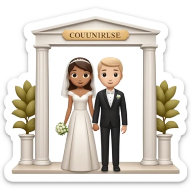 A 3D cartoon courthouse wedding venue with a bride and groom standing at the entrance, elegant white columns, soft natural lighting, simple modern decor, minimal background, realistic Memoji-style rendering. sticker