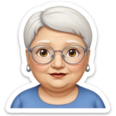 Create me emoji of an old fat lady. Short white hair to left side. Square glasses. Brown eyes. Rounded really big and really wide face. Wide nose.  sticker
