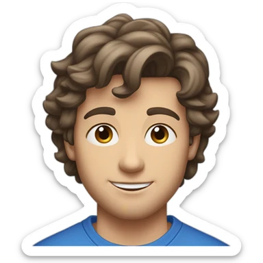 blue eyed, good looking Caucasian, athletic male with dark brown clean cut hair, wearing a blue sweatshirt sticker