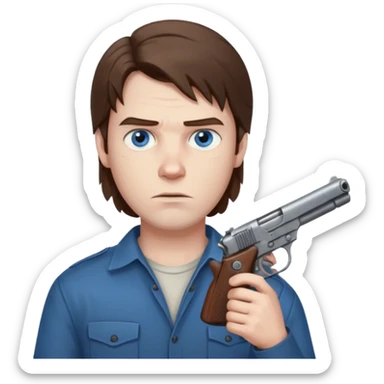 guy w medium long brown hair and blue eyes shooting himself sticker