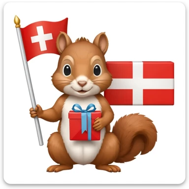 squirrel holding a present and a Swiss flag, both objects large and clear, simple white background sticker
