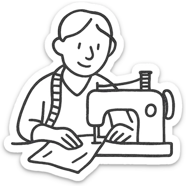 hand-drawn outlined icon of a tailor sewing, sketchy lines sticker