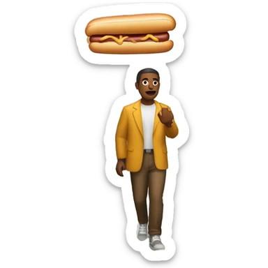 person walking in new york with a hot dog sticker