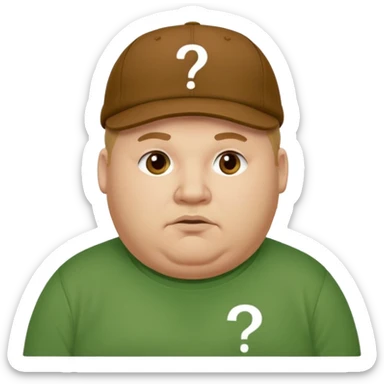 fat man with brown cap and green t shirt printeed a question mark sticker
