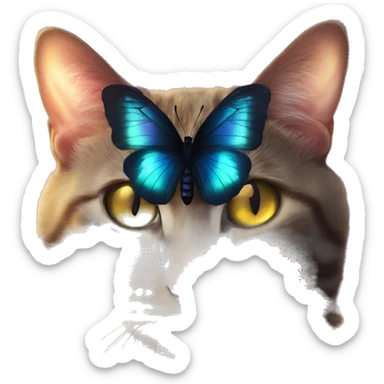 Dark iridescent butterfly glowing on top of cats head  sticker