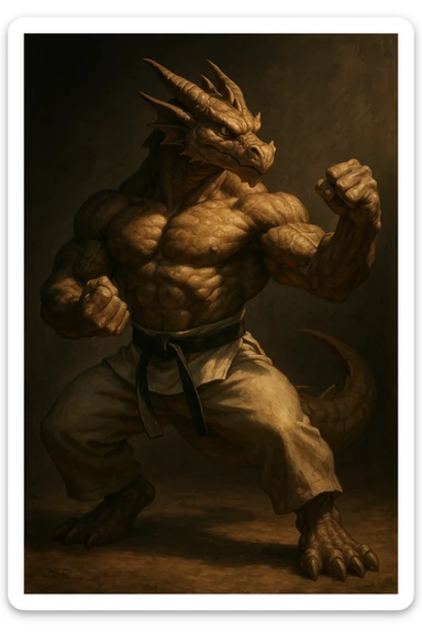 a muscular dragon in a karate stance, dramatic lighting, semi-realistic style sticker