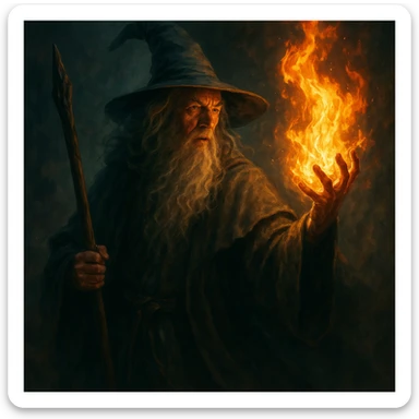 Gandalf wizard conjuring fire, dramatic lighting, mystical atmosphere, epic pose sticker