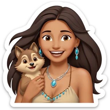 Cinematic Adorable Pocahontas Portrait Emoji, Laughing softly as Meeko tugs at her necklace, hair tousled in the wind, eyes full of warmth, a carefree spirit shining through, capturing the essence of beauty and playfulness! sticker