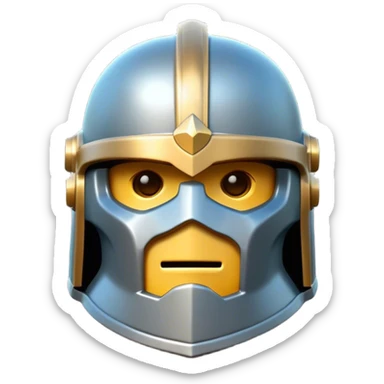 Clash of Clans aesthetic: Cinematic Playful Steel Helm Emoji, rendered in a 3D vector-style similar to standard emojis with minimal shading and bold, simplified shapes. A compact, isometric helmet crafted of shining steel with intricate engravings and a protective visor, softly glowing with a noble warrior charm. Simplified yet unmistakably iconic, highly detailed and consistent, glowing with a soft radiant gleam and high polish. Stylized with a touch of chivalric tradition and a soft glowing outline, capturing the essence of a stalwart battle helm with a friendly, playful manner! sticker