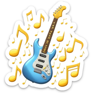 A 3D Apple-style emoji of a bold “ROCK” text written in shiny metallic letters, with an electric guitar leaning on the text, surrounded by small music notes and lightning bolts, energetic and powerful rock music vibe sticker