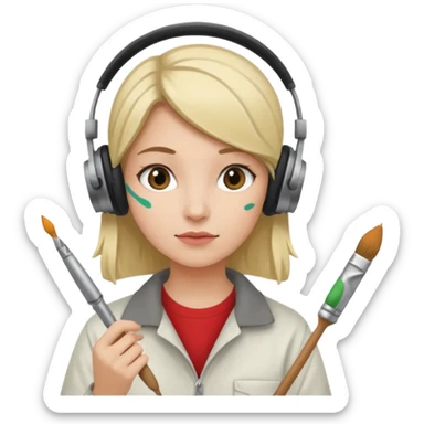 female artist wearing headphone, holding painter sticker