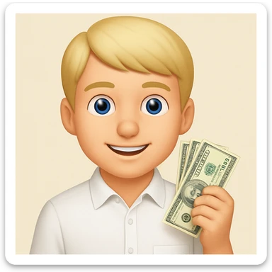 Emoji style, blonde man, blue eyes, white shirt, holding money, no facial hair sticker