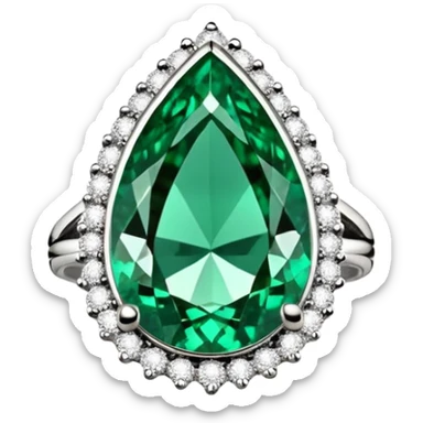 Realistic, detailed, beautiful, expensive Pear Zambian Emerald Gemstone Cocktail Ring SI/H Diamond 14 Karat White Gold sticker