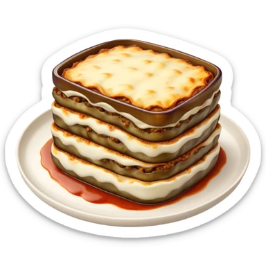 Cinematic Realistic Moussaka Dish Emoji, depicted with layers of eggplant, minced meat, and b√©chamel sauce rendered with rich textures and warm, inviting lighting that captures its Mediterranean flavor. sticker