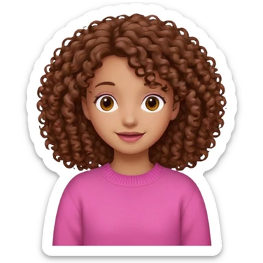 girl with curly brown hair and pink jumper, cheerful expression sticker