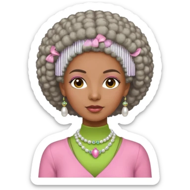 Brown woman with short gray Afro  wearing pink and green outfit and pearl necklace  sticker