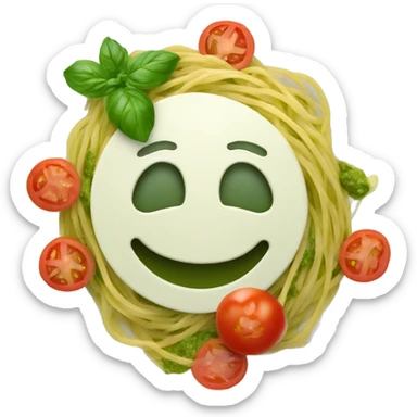 A plate with spaghetti with green pesto with mozarella and tomato  sticker