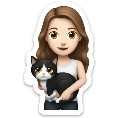 White girl brown hair with a cat black and white  sticker