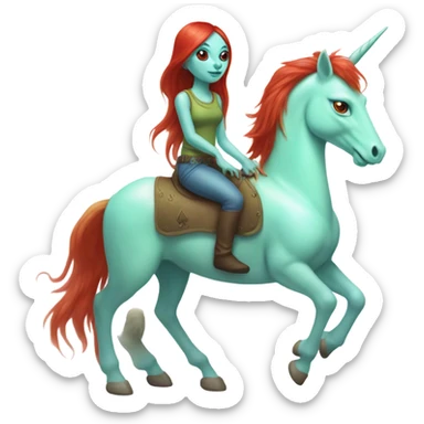 [politically incorrect
	{ female: alien, color: light green, hair:red, eyes:cat} ]
	on a 
	[{ unicorn: white, legged:four, mane: light blue }] sticker