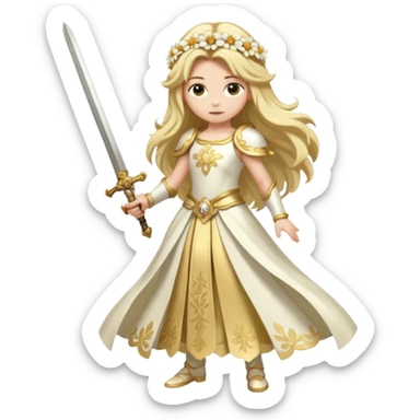 Lumine (from Genshin Impact) White and golden clothes, blonde, long-haired, with a big flower hair clip, and wielding a sword (full body) sticker
