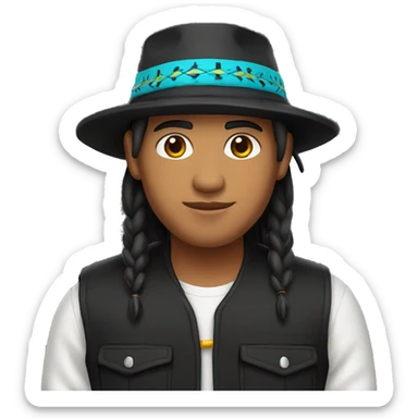 native american with a black bucket hat and a black vest sticker