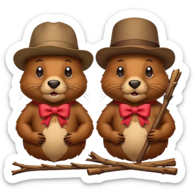 add a bow on the head of one beaver with another beaver without a bow on its head in a lodge of sticks and logs sticker