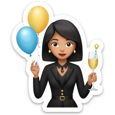 Emoji-style illustration of a funny woman in black funeral outfit holding a prosecco glass, balloon with number 29, ironic birthday funeral theme, playful expression, flat emoji design, pastel tones, high resolution sticker