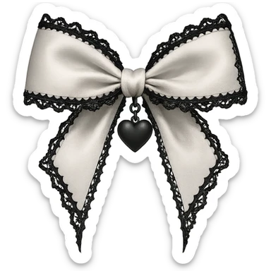 Edit the image to depict a white gothic bow with black lace trim and a heart charm, in a general style. Remove the background. sticker