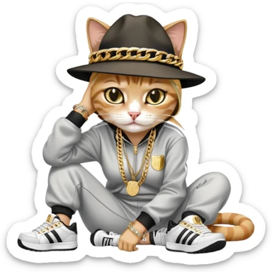 female cat lying down horizontally on the ground, crying, wearing Run DMC hip-hop outfit with tracksuit, fedora, Adidas sneakers, many gold chains, rings, bracelets, flashy earrings, no sunglasses sticker
