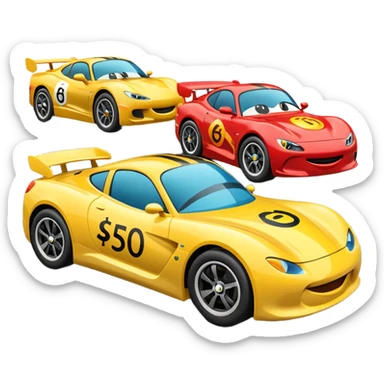 Two emoji-style cars racing toward a finish line labeled “$20K”, one labeled “$500/mo” and the other “$1000/mo”, energetic motion and speed lines sticker
