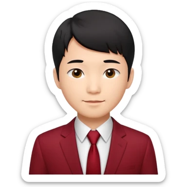 handsome Asian man emoji, short black hair with soft fringe, clean and elegant look, fair skin, gentle smile, wearing dark red suit and white shirt sticker