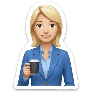Confident and outgoing female entrepreneur, Caucasian features, shoulder-length blonde hair, big friendly smile, expressive eyes, wearing a blue blazer over a light blue blouse, holding a smartphone in one hand and a coffee cup in the other, waist-up, front-facing sticker
