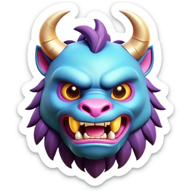 Clash of Clans aesthetic: Cinematic Playful Beast Emoji, rendered in a 3D vector-style similar to standard emojis with minimal shading and bold, simplified shapes. A compact, isometric mythical creature with wild, majestic features and fierce yet endearing eyes, softly glowing with a primal enchanted charm. Simplified yet unmistakably iconic, highly detailed and consistent, glowing with a soft radiant shine and high polish. Stylized with a touch of mythical wildness and a soft glowing outline, capturing the essence of a legendary beast with a friendly, playful allure! sticker