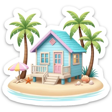 cute beach house, small seaside house, wooden walls, pastel colors, palm trees, seashells, warm sunlight, 3D cartoon, mobile game icon style, soft shadows, clean background, no text, no watermark
 sticker