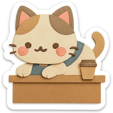 chibi café cat laying on coffee counter, blushing cheeks, soft pastel kawaii style sticker