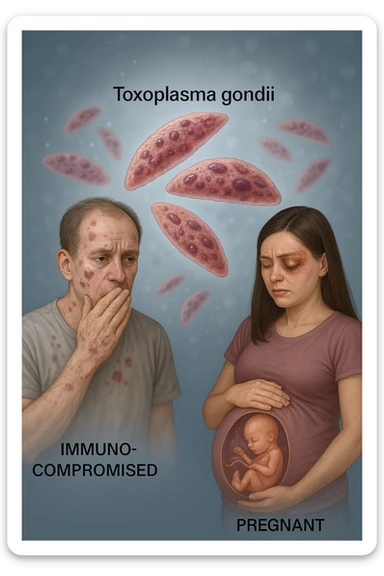 Toxoplasma gondii, infetta uomo immunodepresso e donne incinta. Causando gravi problemi tutto scritto in italiano immagine realistica sticker