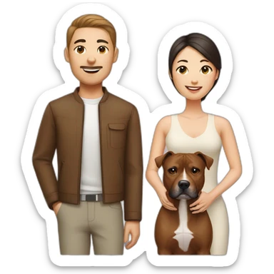 man and Chinese lady with brown Staffordshire terrier dog sticker