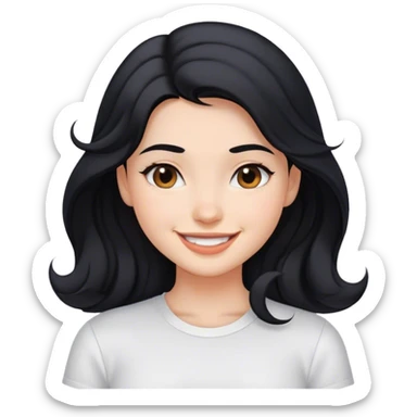 girl with her black hair below her shoulders and soft waves in her hair, smile, white shirt sticker