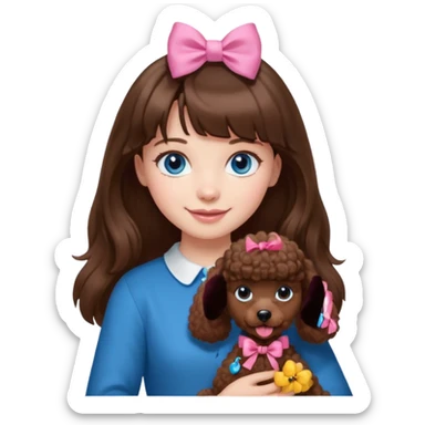 dziewczyna, długie brązowe włosy z grzywką i niebieskie oczy trzyma na rękach brązowego pudelka z różową sticker