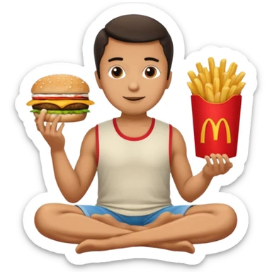 man in lotus pose eating McDonalds burger and fries sticker