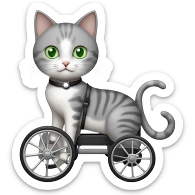 full body small short hair dark grey and white cat with green eyes walking in a wheelchair for cats sticker