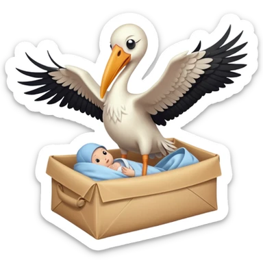 Stork flying with a human baby in a wrapped bundle sticker