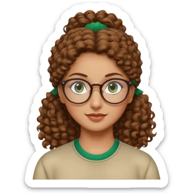 iranian woman, tight curly light brown hair in pony tail, glasses, green eyes, pretty, oval shape face sticker
